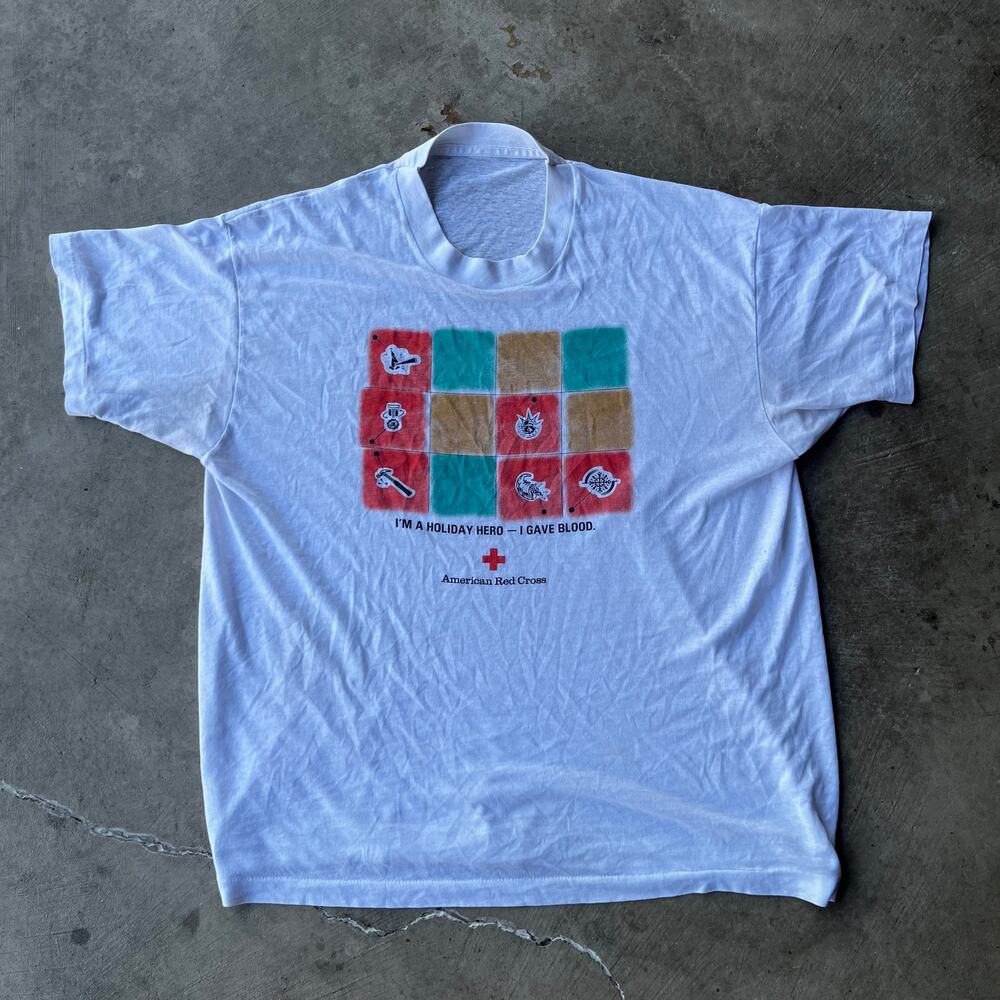 Vintage 90s American Red Cross SHIRT Holiday Hero Blood THIN Tee White LARGE